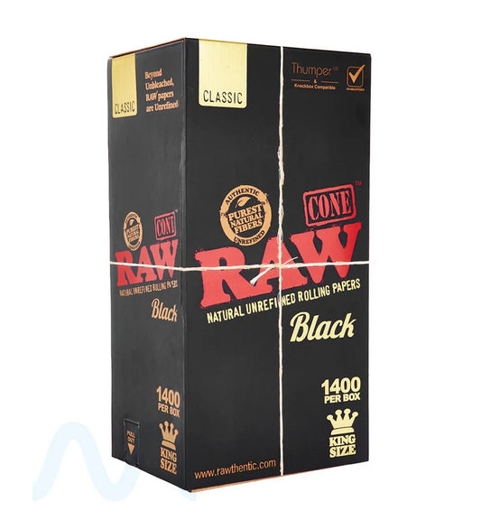 RAW | Black Classic King Size Pre-Rolled Cones | 109mm - Unbleached Paper - 1400 Count